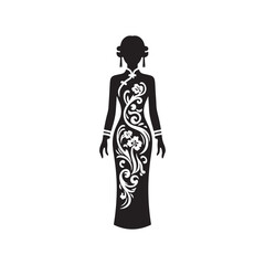 Elegant Cheongsam Qipao Woman Silhouette Vector Design in Classic Chinese Dress with High Collar, Slit Skirt, Graceful Pose and Heels.