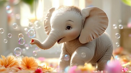 Cute baby elephant playing with bubbles in a floral setting