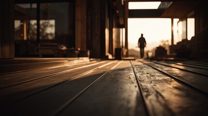 Silhouetted figure walking through modern wooden construction site at golden hour with long shadows on floorboards, representing architectural development and construction progress