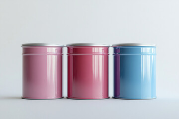 Colorful paint cans arranged in a row with smooth gradients in a modern setting