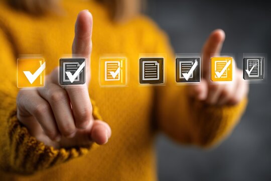 Digital checklist and survey form completion concept. Businesswoman interact with virtual checklist icons, digital forms, survey, data verification, document approval, and business process automation.