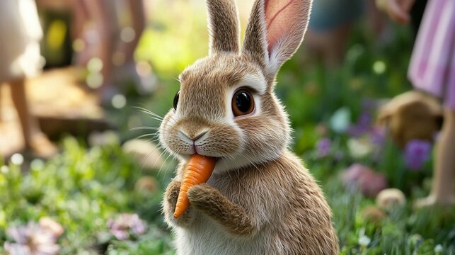 Cute brown rabbit eating a carrot in a garden setting.  Blurred figures in the background