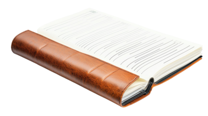 An open leather bound notebook with blank lined pages ready for writing note taking or journaling