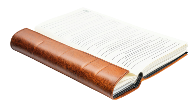 An open leather bound notebook with blank lined pages ready for writing note taking or journaling - Powered by Adobe