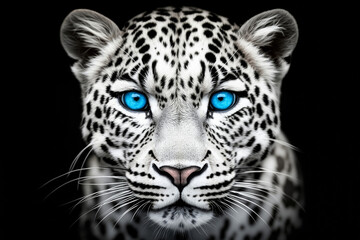 A close up of a leopard's face with blue eyes