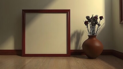 Empty Wooden Frame Mockup with Dried Flowers in Vase