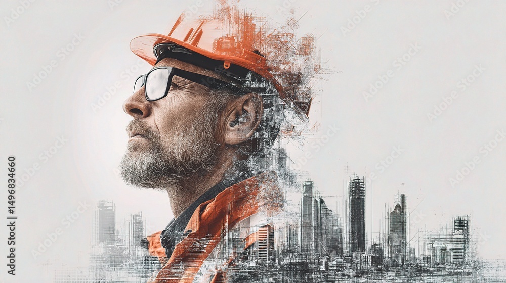 Poster engineer in hard hat merged with cad lines in urban background