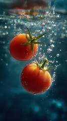 Bright Red Tomatoes Sinking in Clear Water with Bubbles: Dynamism and Focus