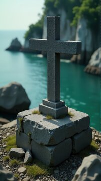 Stone cross on rocky coastline overlooking turquoise ocean under clear sky. leviathan cross
