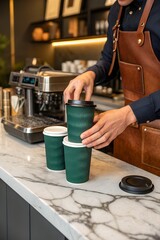 The barista's hands carefully close the lid of an empty, dark green paper coffee cup