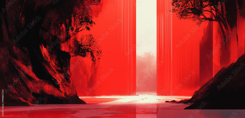 Poster this image shows a red-toned fantasy landscape with a central red light column, surrounded by cliffs
