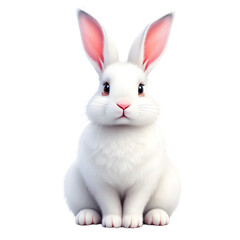 Fototapeta premium A fluffy white rabbit with pink ears sitting upright on a black background