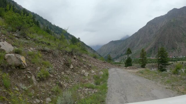4K POV shot of a vehicle moving on an asphalt road between the Pine tree forest during a cloudy day in Pattan Valley, Lahaul and Spiti district, Himachal Pradesh, India. Scenic view of Himalayan road.
