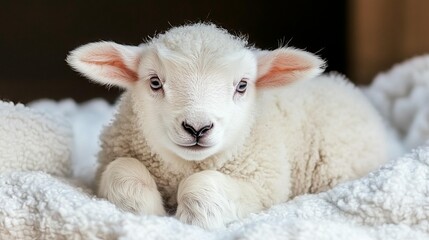 Cute lamb resting on a white blanket.  Close-up, soft focus, adorable
