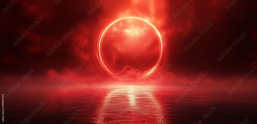 Poster this image shows a red solar eclipse scene with dark clouds in the sky and water reflecting light, c