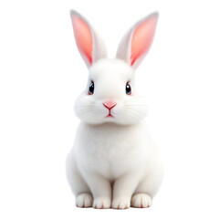 A charming white rabbit with pink ears sitting against a black background