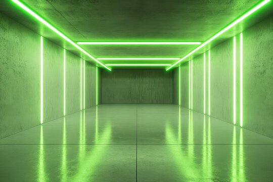 Empty concrete tunnel with vibrant green neon lights