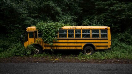 Abandoned Yellow School Bus Surrounded by Lush Greenery in Dense Forest Environment