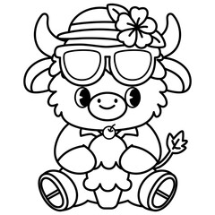 cute kawaii Summer Highland Cow outline cartoon doodle coloring illustration