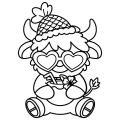 cute kawaii Summer Highland Cow outline cartoon doodle coloring illustration
