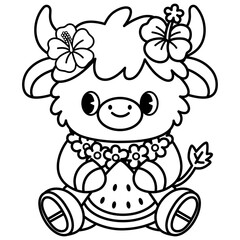 cute kawaii Summer Highland Cow outline cartoon doodle coloring illustration