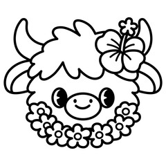 cute kawaii Summer Highland Cow outline cartoon doodle coloring illustration