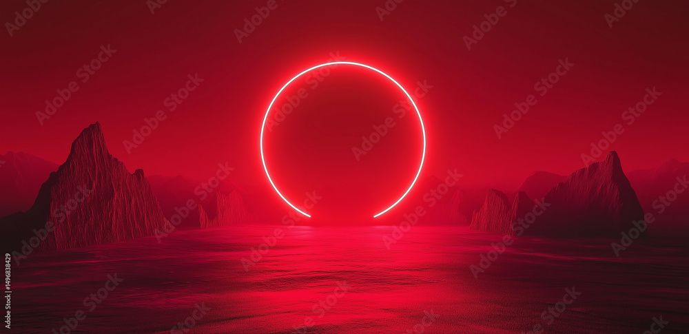 Poster this image shows a red neon ring floating over a desolate mountain landscape, creating an atmosphere