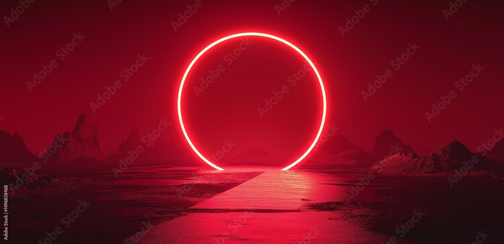 Poster this image shows a red neon ring floating over a desolate mountain landscape, creating an atmosphere