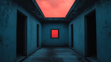 Fototapeta premium Eerie Abandoned Room with Vibrant Red Sky and Blue Atmosphere Creating Surreal Vibes