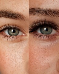 Obraz premium Before and after lash extensions. Left eye: natural short lashes. Right eye: thick, voluminous extensions with dramatic curl. Ideal for lash studio advertisements.