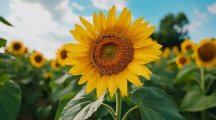 Fototapeta premium Vibrant Sunflower Bloom in a Field Under a Clear Blue Sky with Soft Clouds