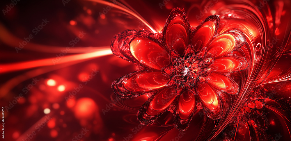 Poster this image shows an abstract red flower with distinct petals, a glowing background, creating a dream