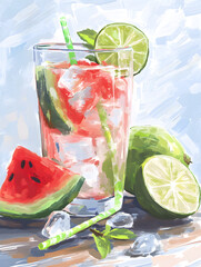 Refreshing Summer Watermelon Cocktail with Ice and Lime