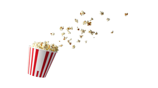 Flyaway Popcorn From a Red and White Striped Bucket on a Transparent Background