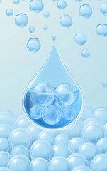 Water Droplet with Spheres Inside, Surrounded by Smaller Bubbles