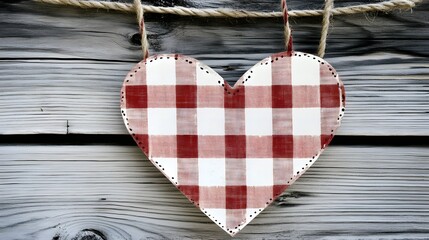 Rustic Red Gingham Heart Hanging on Wooden Wall