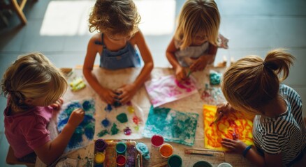 Four Young Children Painting Together at Table, Representing Childhood Creativity and Early Education Programs, Viewed From Above : Generative AI