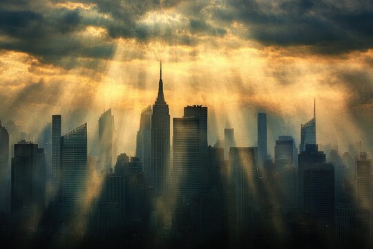 City skyline bathed in golden sunlight rays - Powered by Adobe