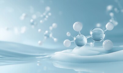 Minimalistic Light Blue and White Water Molecules Background with Floating Droplets: Clean Design for Cosmetic Advertising