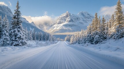 A serene drive through a snowy mountain pass surrounded by frosted pines and majestic peaks bright