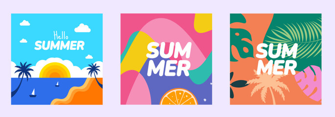 Summer Themed Social Media Post Banner. Collection of Abstract, Tropical, and Beach Scenes with SUMMER Text for Seasonal Promotions. summer social media post banner set.