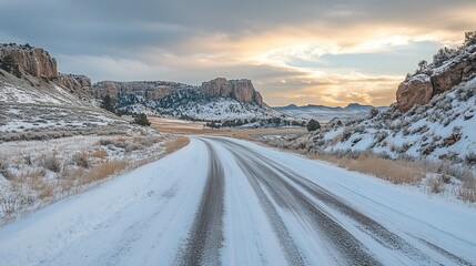 A serene winter road winding through snow covered plains at sunrise framed by majestic mesas and
