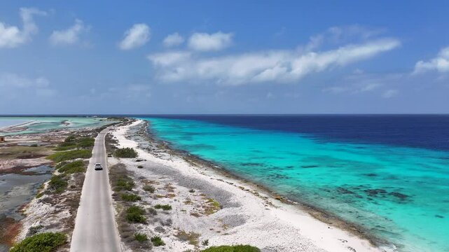 Bonaire Skyline In Kralendijk Bonaire Netherlands Antilles. Stunning Tropical Coastline Beach Scene Viewed From Above. Shore Sky Clouds Beach Sea. Shore Beach Tropical Environment.