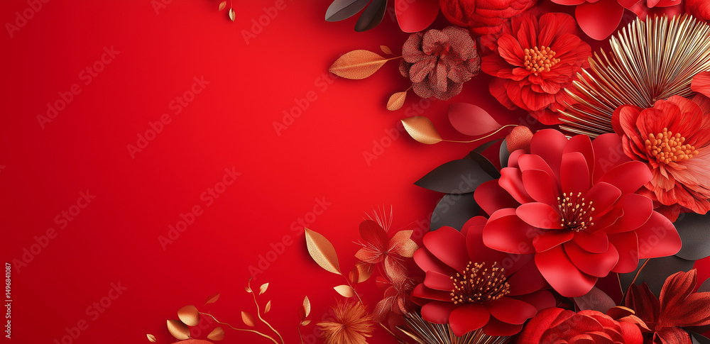 Poster this image shows a bouquet of red and gold flowers on a solid red background, creating a luxurious a