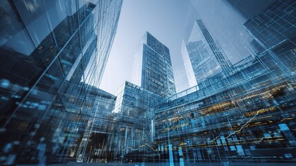 Fototapeta premium Futuristic Financial Office Building with Overlay Data Visualization