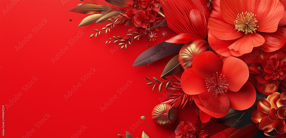 Poster this image shows a bouquet of red and gold flowers on a solid red background, creating a luxurious a