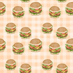 Seamless pattern with summer picnic and Burger on pastel Orange