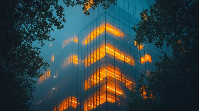 Fog-shrouded building reflects warm, internal lights through the glass facade, framed by dark trees