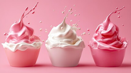 Three pastel dessert cups filled with creamy deliciousness creating a joyful splash against a solid