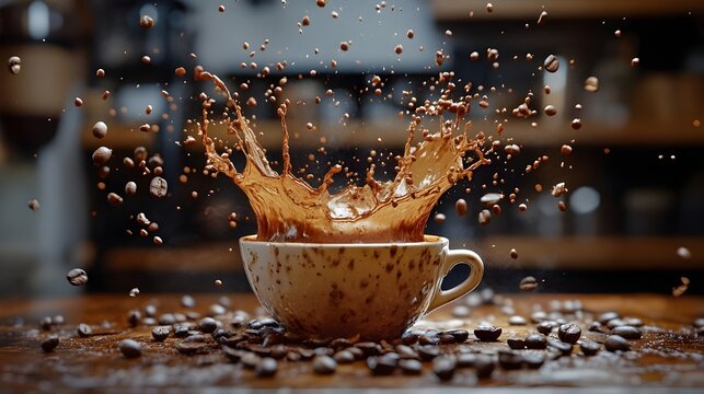 A dramatic coffee splash freezes a moment of pure caffeinated energy surrounded by scattered beans with warm wood tones